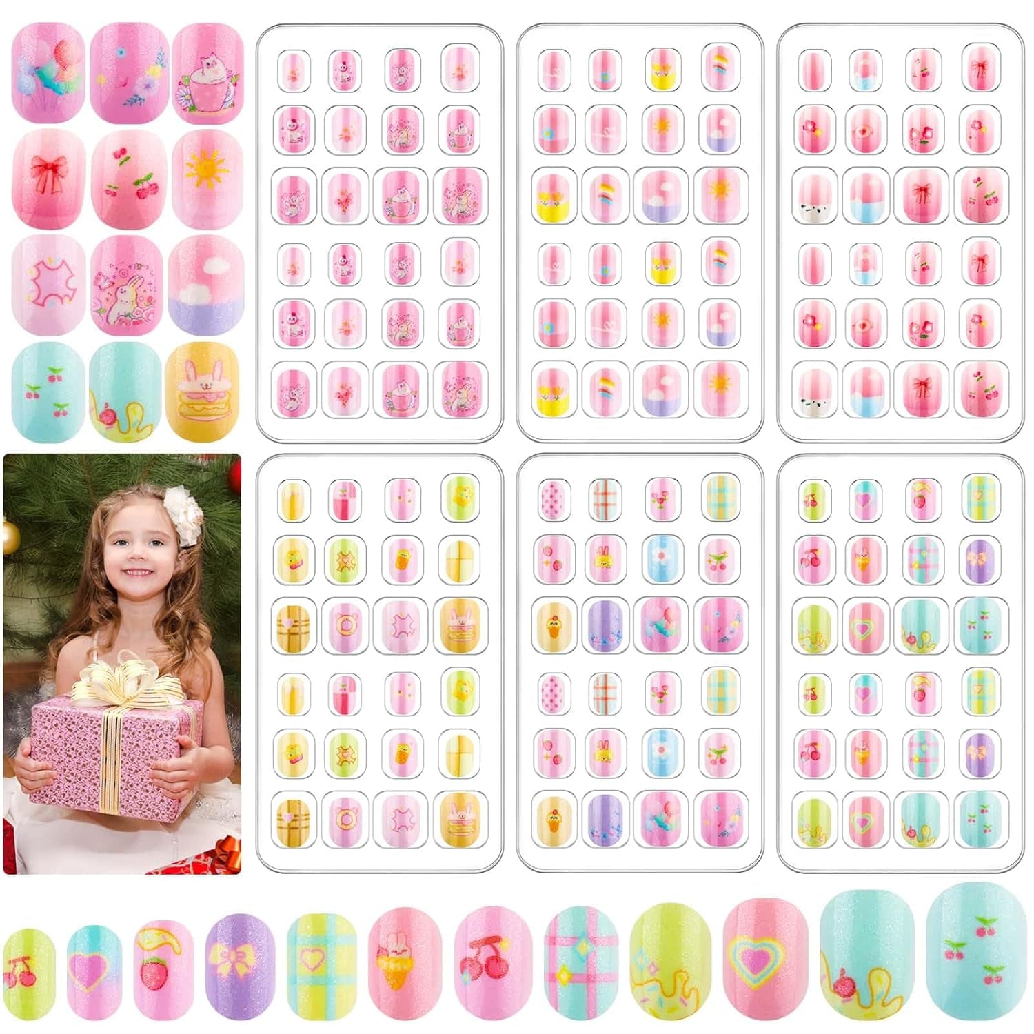 Nails for Kids, 144Pcs Press on Nails for Girls, Kids Fake Nails Short Glitter Stick on Nail Tips Pre Glue Acrylic Nails for Children Girls Nail Art Decoration