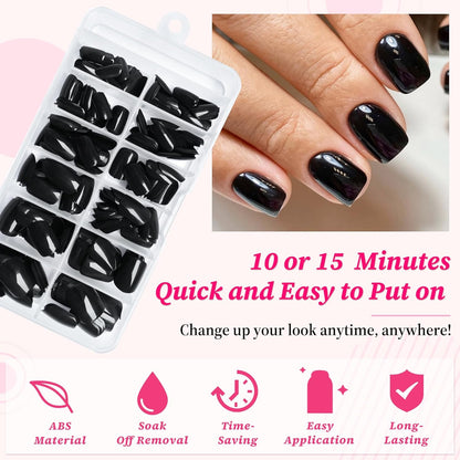 240Pc Square Press on Nails Short Fake Nails Press Ons with Glue&Adhesive Tabs, Black Acrylic Nails Press on Nails Square Nail Tips Petite Glue on Nails False Nails Artificial Fingernails