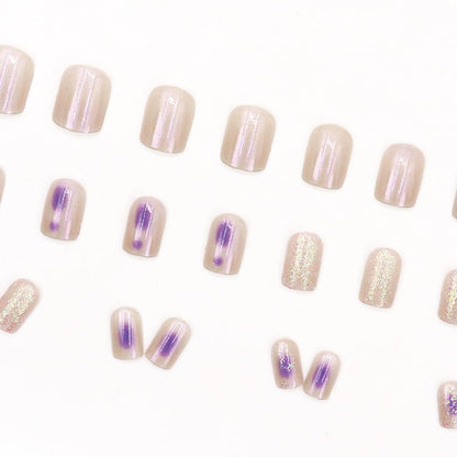 24Pcs Aurora Press on Nails Short Square - Purple Fake Nails Press Ons with Cute Glitter Design Glossy False Nails Full Cover Acrylic Nail Art Kit Glue on Nail for Women Girls Supplies