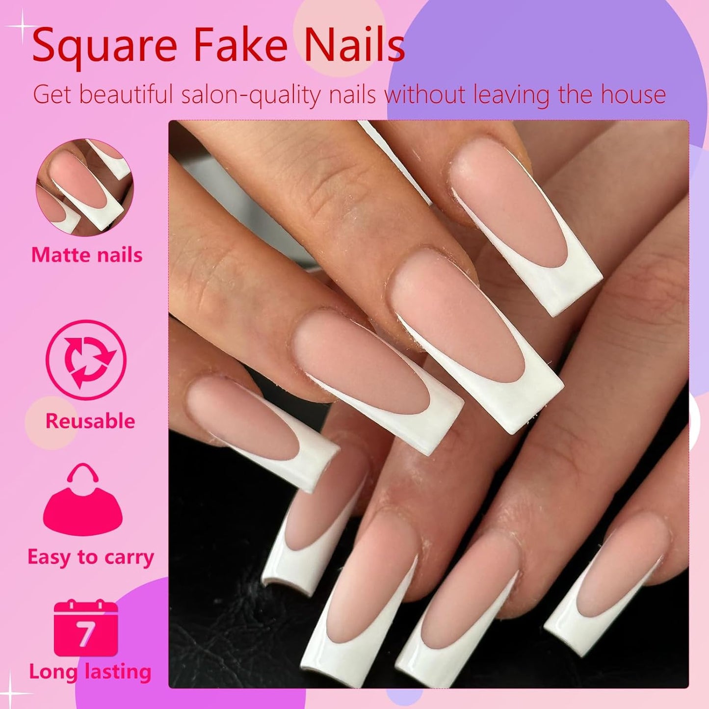 120Pcs White French Tip Press on Nails Long Square Fake Nails Nude False Nails Sqaure French Press Ons Square Nail Acrylic Artificial Nail with Adhesive Tab for Women