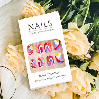 Press on Nails Square Short 24Pcs Press on Nails with Colorful Wavy Line Designs Glossy Full Cover Acrylic Extra Short Coffin False Nails Glue Ons Fingernails Artificial Fake Nails for Women