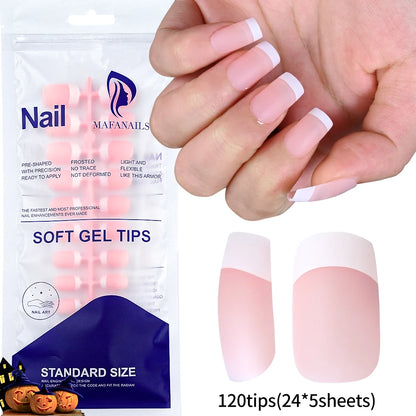 120pcs French White Pink Fake Nail Short Square Ballet Simple False Nails Press On Wearable Full Cover Acrylic Reusable Nail Tip