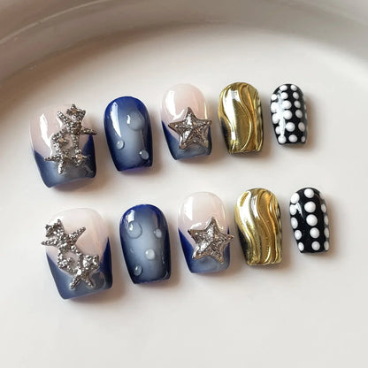 10Pcs Glitter Handmade Press on Nails Full Cover Butterfly Design Short Cute Square Ballerina False Nails Wearable Nail Tips Art