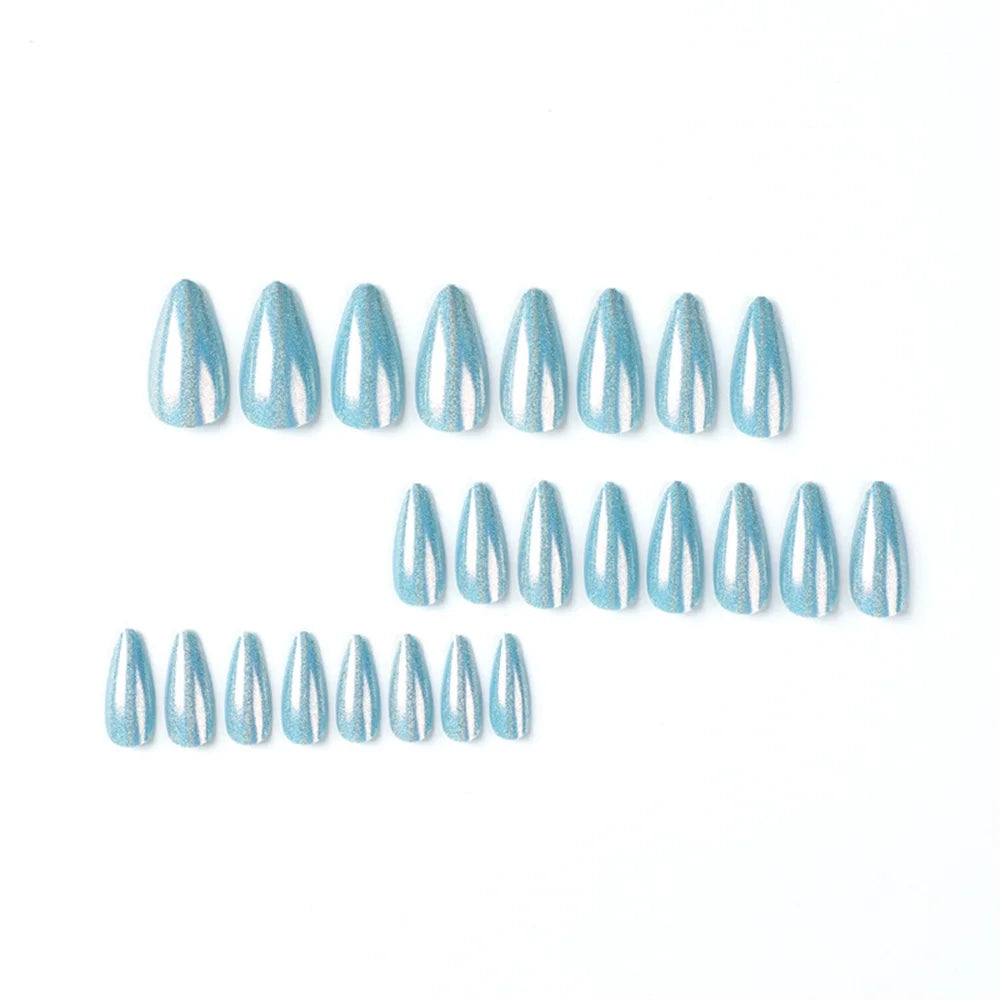 24Pcs Almond Fake Nails Tips, Medium Press on French Nails, Almond Laser Lake Blue