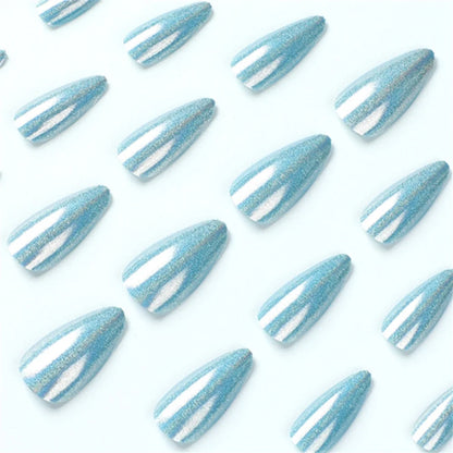 24Pcs Almond Fake Nails Tips, Medium Press on French Nails, Almond Laser Lake Blue