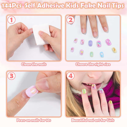 Nails for Kids, 144Pcs Press on Nails for Girls, Kids Fake Nails Short Glitter Stick on Nail Tips Pre Glue Acrylic Nails for Children Girls Nail Art Decoration