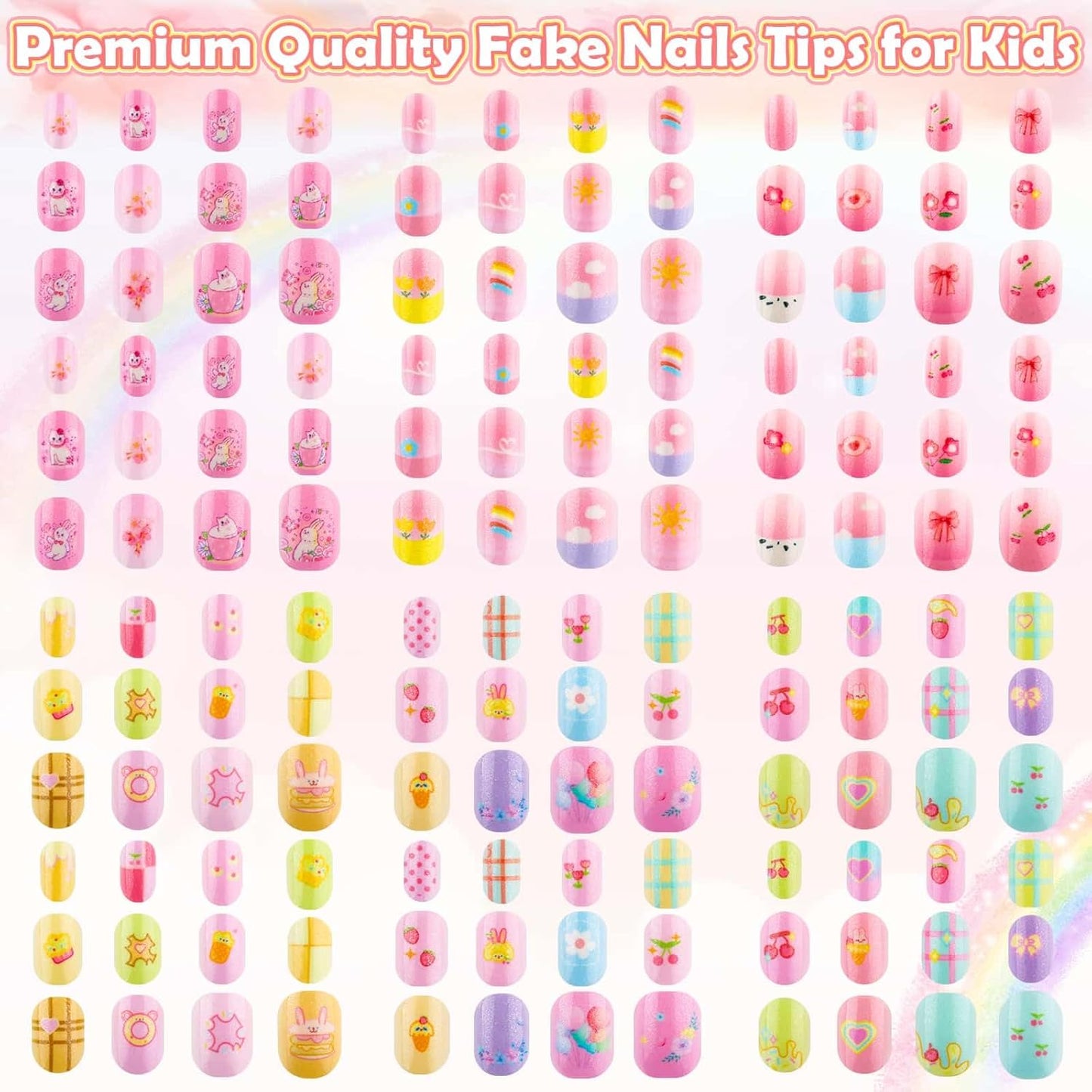 Nails for Kids, 144Pcs Press on Nails for Girls, Kids Fake Nails Short Glitter Stick on Nail Tips Pre Glue Acrylic Nails for Children Girls Nail Art Decoration