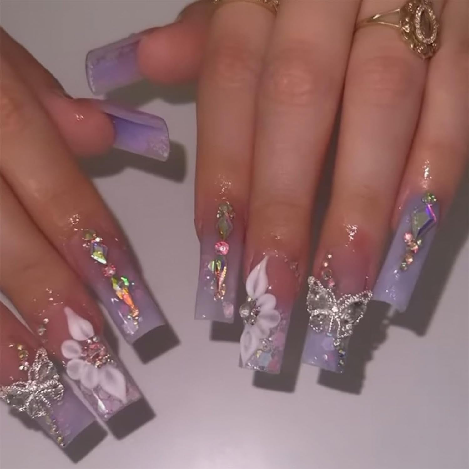 Press on Nails Long Square Fake Nails Purple Gradient Glossy False Nails Full Cover Glue on Nails with Butterfly Rhinestone Designs Artificial Spring Acrylic Squoval Nails Kit Stick on Nails