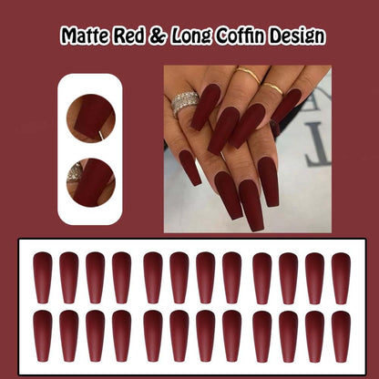 Matte Red Press on Nails - Long Coffin False Nails for Women - 24Pcs A-1