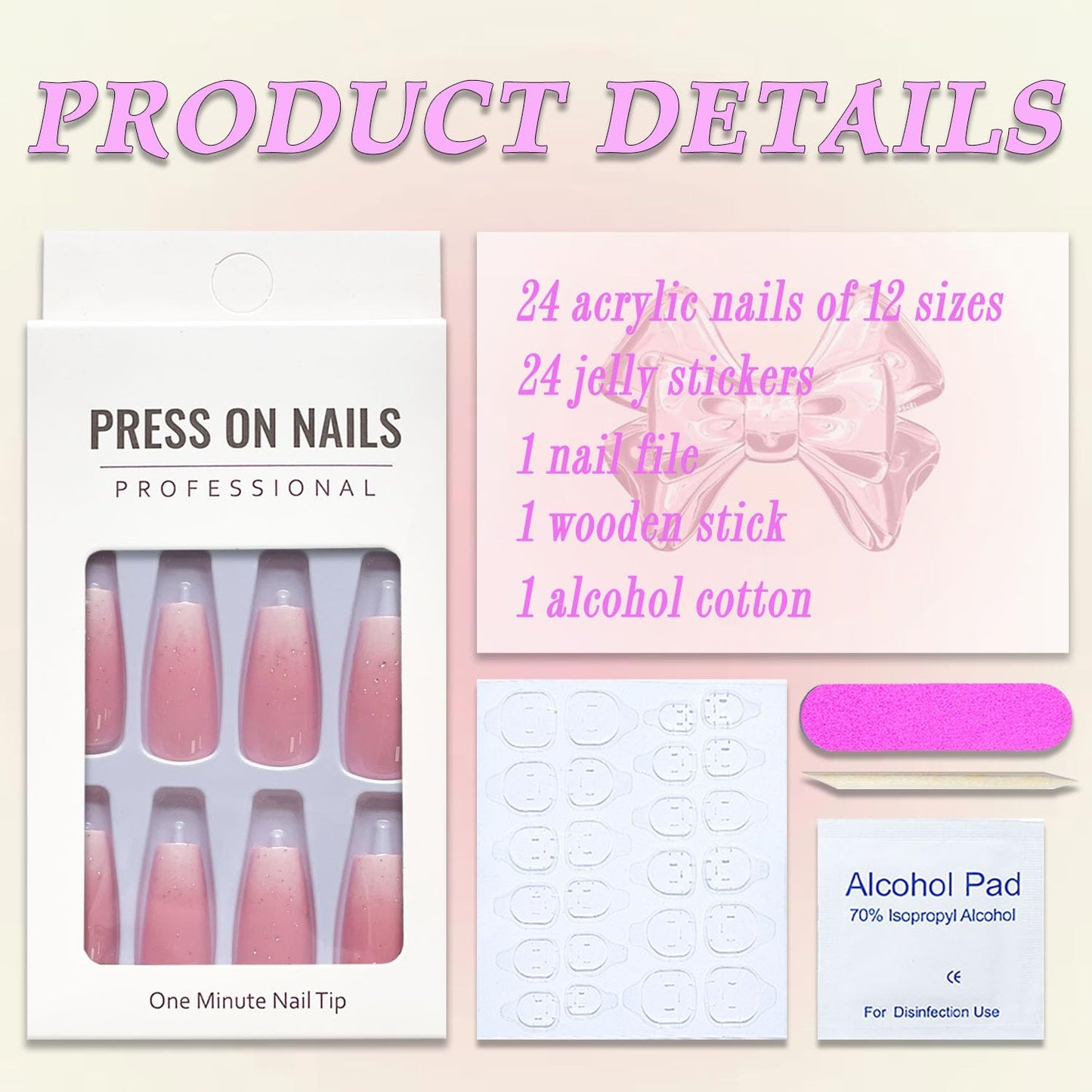 Press on Nails Medium Coffin  French Fake Nails Pink Full Cover White Gradient False Nails with Designs Glossy Glue on Nails Acrylic Nails Artificial Nails for Women Girls 24Pcs