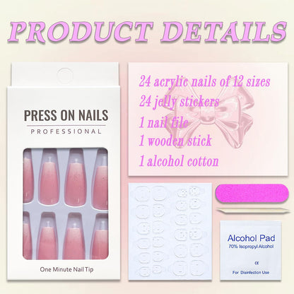 Press on Nails Medium Coffin  French Fake Nails Pink Full Cover White Gradient False Nails with Designs Glossy Glue on Nails Acrylic Nails Artificial Nails for Women Girls 24Pcs