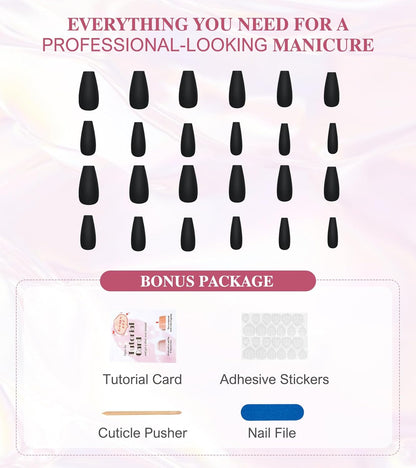 Black Press on Nails -  Press on Nails Coffin, Matte Fake Nails with Glue Sticker, Press on Nails Long, Solid Color Stick on Nails in 12 Sizes, 24PCS Glue on Nails, Black Velvet