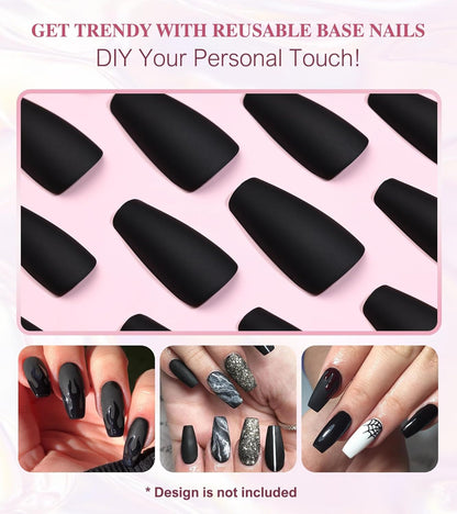 Black Press on Nails -  Press on Nails Coffin, Matte Fake Nails with Glue Sticker, Press on Nails Long, Solid Color Stick on Nails in 12 Sizes, 24PCS Glue on Nails, Black Velvet