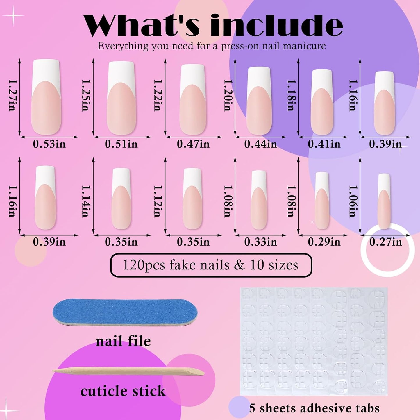 120Pcs White French Tip Press on Nails Long Square Fake Nails Nude False Nails Sqaure French Press Ons Square Nail Acrylic Artificial Nail with Adhesive Tab for Women