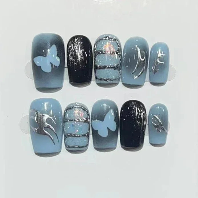 10Pcs Glitter Handmade Press on Nails Full Cover Butterfly Design Short Cute Square Ballerina False Nails Wearable Nail Tips Art