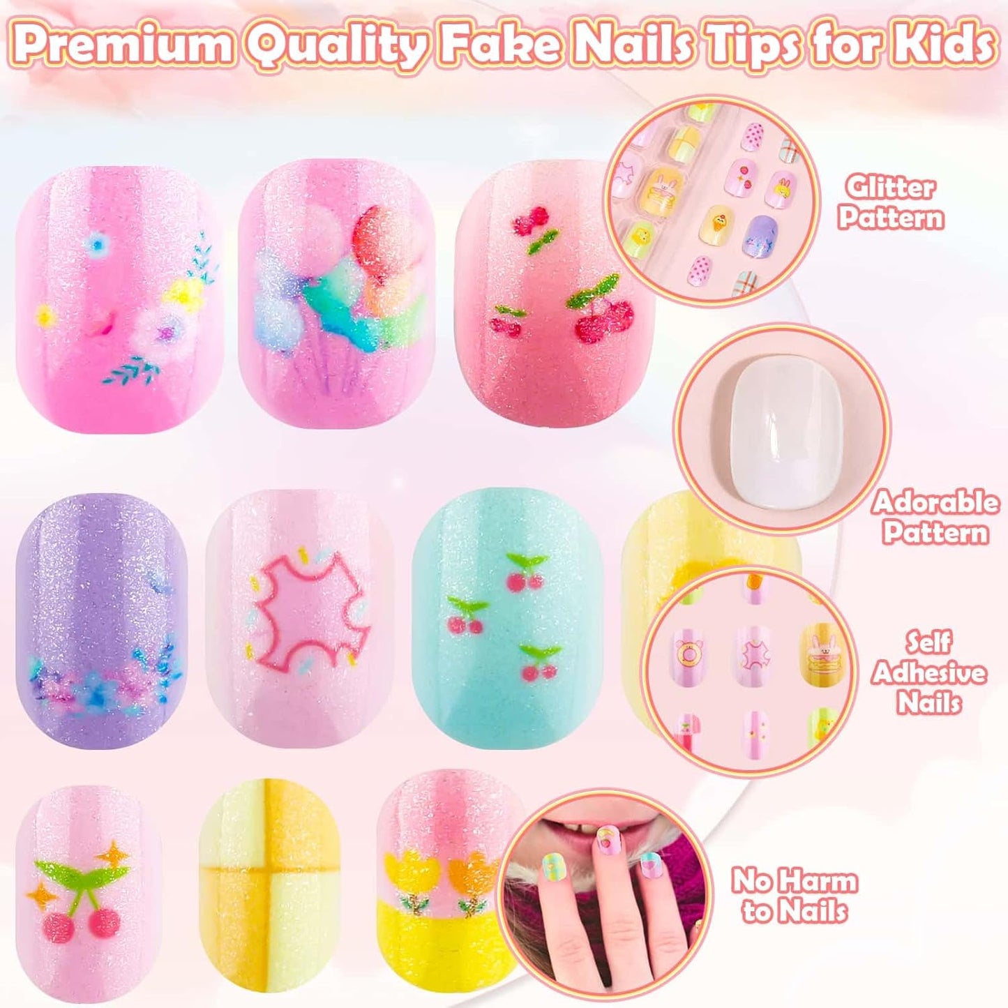 Nails for Kids, 144Pcs Press on Nails for Girls, Kids Fake Nails Short Glitter Stick on Nail Tips Pre Glue Acrylic Nails for Children Girls Nail Art Decoration