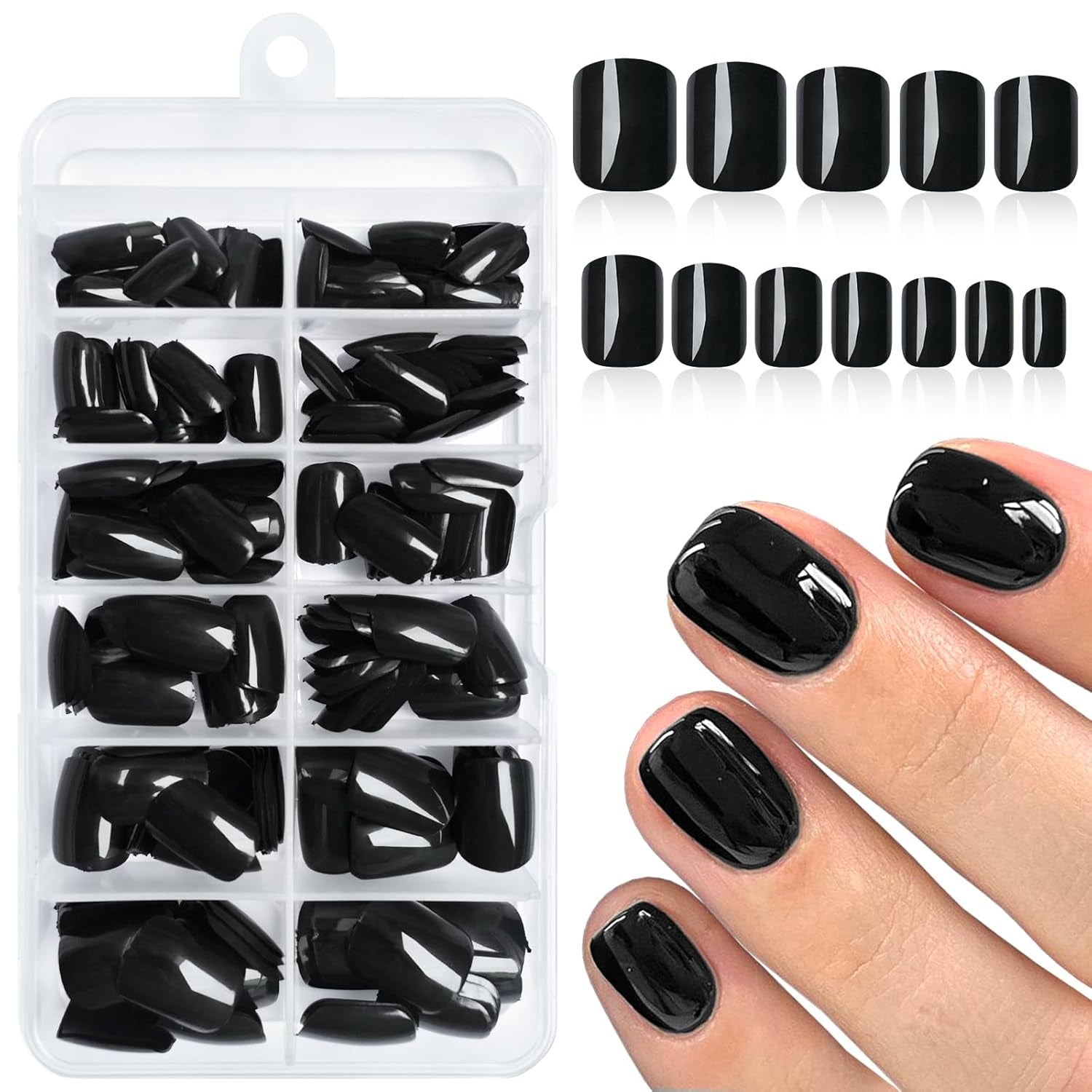 240Pc Square Press on Nails Short Fake Nails Press Ons with Glue&Adhesive Tabs, Black Acrylic Nails Press on Nails Square Nail Tips Petite Glue on Nails False Nails Artificial Fingernails