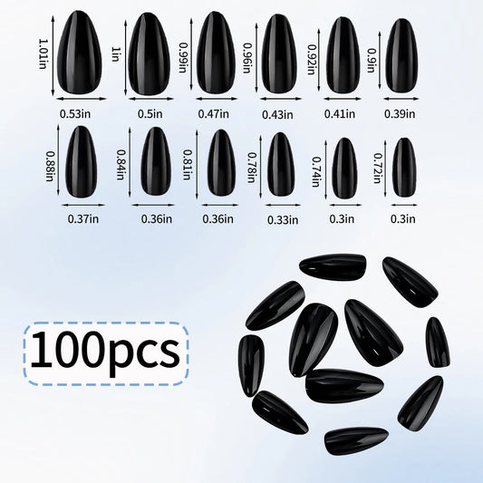 100Pcs Almond Press on Nails Medium Length Fake Nails Black Matte Almond False Nail Tips Artificial Fingernail Extend Fake Nails