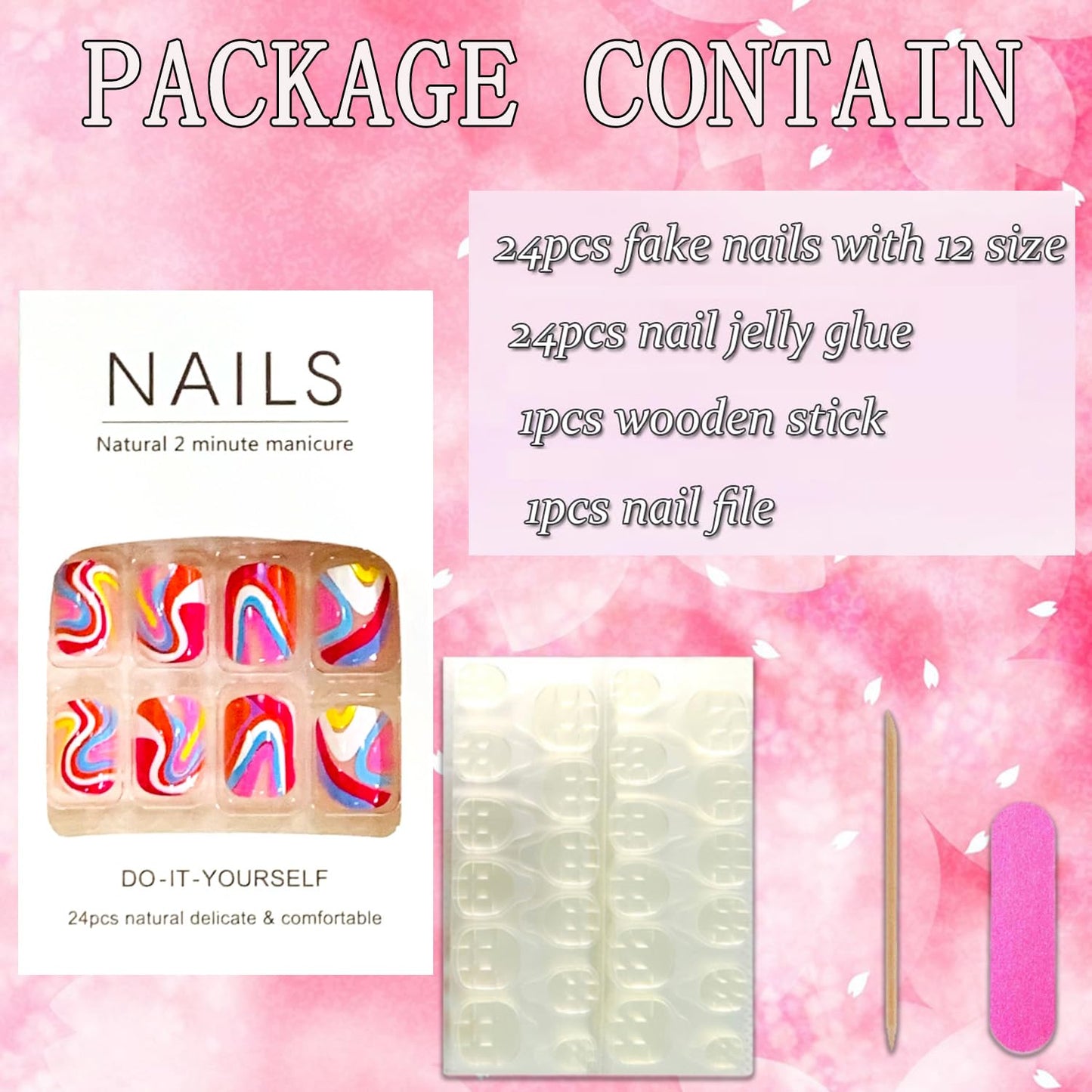 Press on Nails Square Short 24Pcs Press on Nails with Colorful Wavy Line Designs Glossy Full Cover Acrylic Extra Short Coffin False Nails Glue Ons Fingernails Artificial Fake Nails for Women