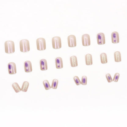 24Pcs Aurora Press on Nails Short Square - Purple Fake Nails Press Ons with Cute Glitter Design Glossy False Nails Full Cover Acrylic Nail Art Kit Glue on Nail for Women Girls Supplies