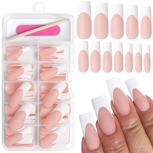 120Pcs White French Tip Press on Nails Long Square Fake Nails Nude False Nails Sqaure French Press Ons Square Nail Acrylic Artificial Nail with Adhesive Tab for Women