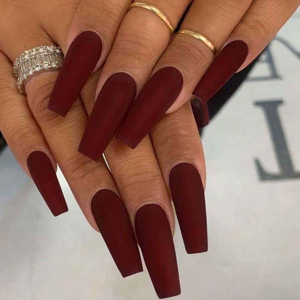 Matte Red Press on Nails - Long Coffin False Nails for Women - 24Pcs A-1