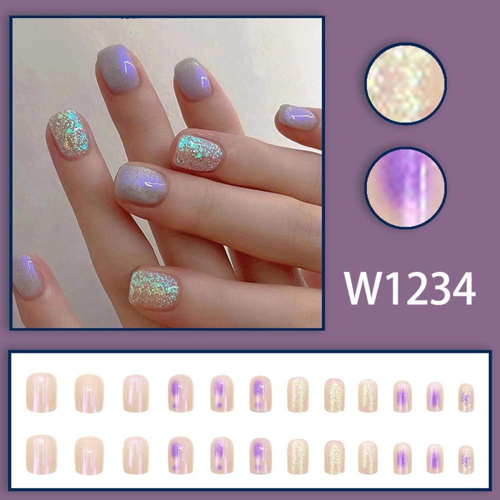 24Pcs Aurora Press on Nails Short Square - Purple Fake Nails Press Ons with Cute Glitter Design Glossy False Nails Full Cover Acrylic Nail Art Kit Glue on Nail for Women Girls Supplies