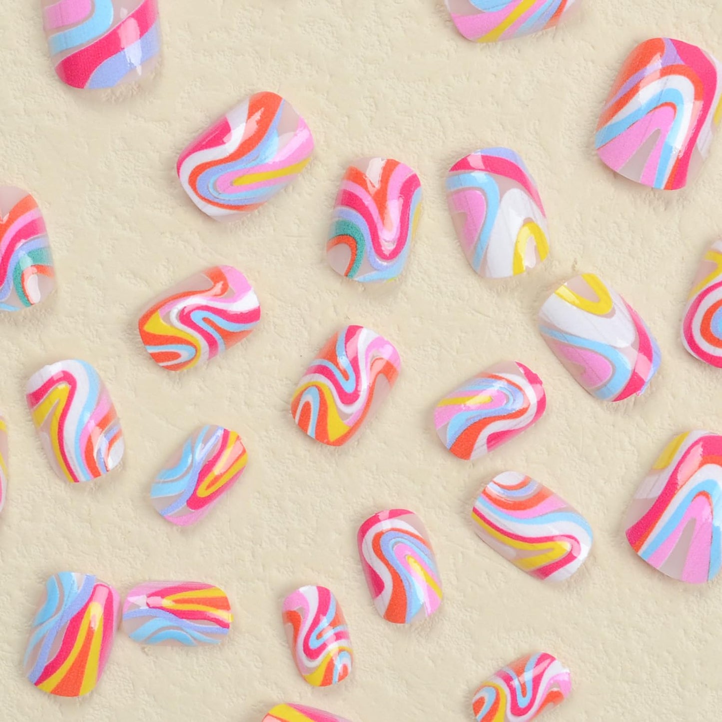 Press on Nails Square Short 24Pcs Press on Nails with Colorful Wavy Line Designs Glossy Full Cover Acrylic Extra Short Coffin False Nails Glue Ons Fingernails Artificial Fake Nails for Women